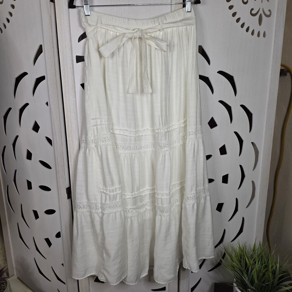 Alice Blue Skirt Cottage Core Boho White Tiered Waist Tie Floral Lace Size L